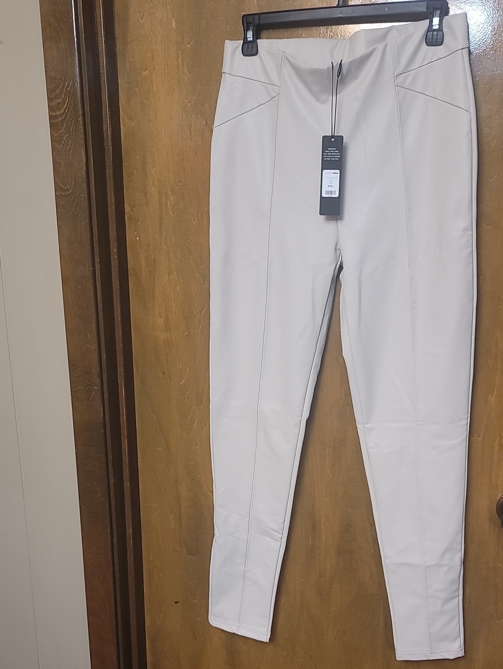 Fashion Nova Cream Faux-Leather Skinny Jumpsuit Pants